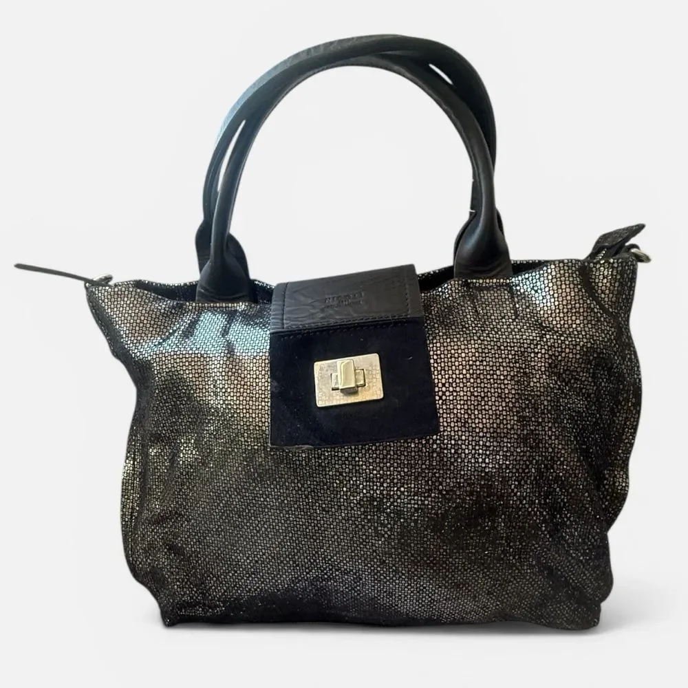 Nicoli Italian Leather Metallic Tote Black Gold Hardware Large Work/Travels Bag